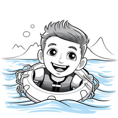 Canvas Print - Cartoon boy in lifebuoy on the sea. Vector illustration.