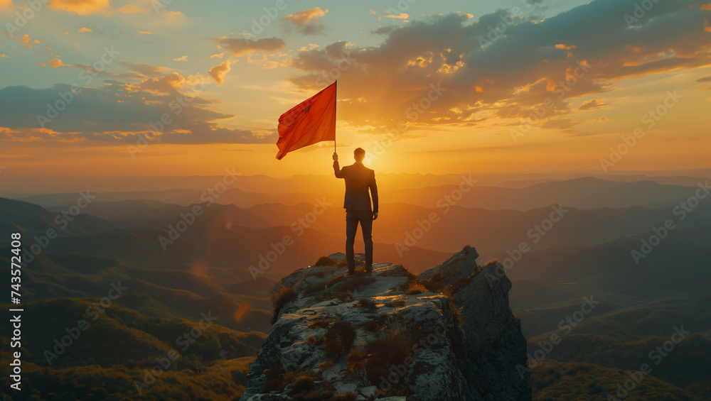 A businessman stands on top of a mountain holding a red flag and ...