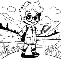 Wall Mural - Boy with glasses reading a book in the field. Vector illustration.