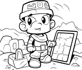 Wall Mural - Black and White Cartoon Illustration of Cute Kid Boy or Kid Character with Solar Panel for Coloring Book