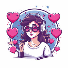 Canvas Print - Vector illustration of a girl listening to music with headphones and hearts around her.