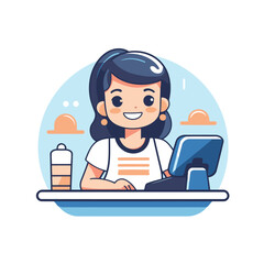 Sticker - Girl at the reception desk. Vector illustration in flat cartoon style.