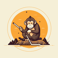 Sticker - Monkey with a laptop. Vector illustration of a wild animal.