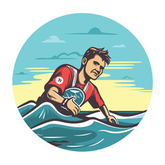 Canvas Print - Surfer on the surfboard. Vector illustration in retro style.