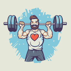 Sticker - Vector illustration of a bearded man lifting a barbell with a red heart