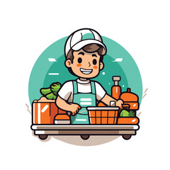 Sticker - Cartoon boy in a supermarket trolley with food. Vector illustration.