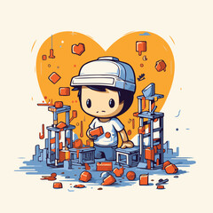 Poster - Cute little boy playing in the construction site. Vector illustration.