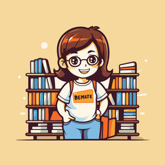 Canvas Print - Vector illustration of a little girl in glasses standing next to a stack of books.