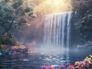 Poster - Capturing a cascading waterfall, vibrant water in focus with an ethereal misty blur enveloping the scene.