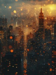 Canvas Print - City skyline at night, urban glow with buildings fading into twinkling light blur creates a mesmerizing digital backdrop.