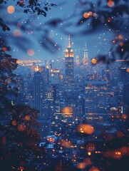 Wall Mural - Digital backdrop of a city skyline at night, urban glow with focused buildings fading into twinkling light blur.