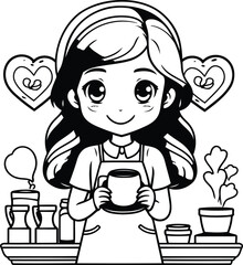 Poster - cute little girl with coffee cup in coffee shop vector illustration design