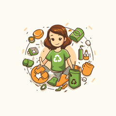 Wall Mural - Vector illustration of a girl recycling garbage. Recycling concept.