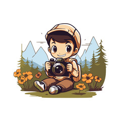 Poster - Cute boy with a camera in the mountains. Vector illustration.