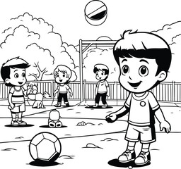 Canvas Print - Black and white cartoon of a boy playing soccer with his friends.