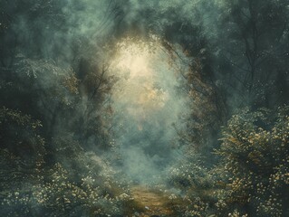 Wall Mural - Misty forest digital backdrop, ethereal woodland scene, with a magical clear spot surrounded by atmospheric blur.