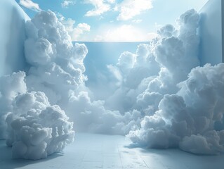 Wall Mural - The studio features a bright, airy cloud backdrop, sky-blue tones, fluffy cloud details, and seamless blur transition.