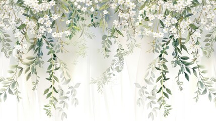 Wall Mural - green wall with white flowers and branches isolated on white, in the style of dreamy watercolor scenes, intricate layering, flowing draperies, light white and light navy, whimsical wilderness, delicat