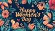 Hand-drawn floral elements border frame for the Women's Day promotional presentation. Colorful orange floral graphics on a dark blue background with a word 