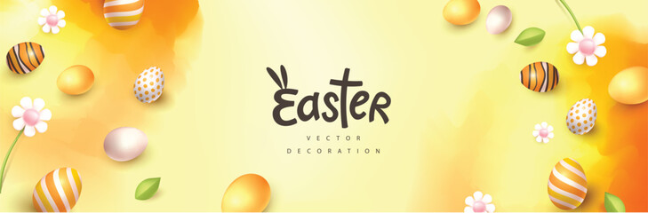 Wall Mural - easter banner with easter eggs frame and spring flowers on water color background