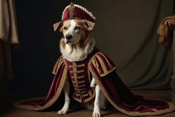 Sticker - Realistic lifelike dog in renaissance regal medieval noble royal outfits, commercial, editorial advertisement, surreal surrealism. 18th-century historical