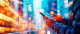 Fototapeta  - A man holding a mobile phone in his hands, close up image of a person looking at his smart phone. Colorful blurred futuristic bright background, bokeh effect of city lights. Copyspace for your text.