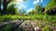 natural spring garden background of fresh green grass with a bright blue sunny sky with a wooden table 