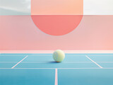Fototapeta Zachód słońca - Tennis ball on a tennis court in a sunny day. 3d rendering. tennis ball bouncing on a tennis court, retro minimalist light pastel colors.