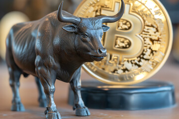 Wall Mural - Bull with bitcoin. Bullish trend concept.