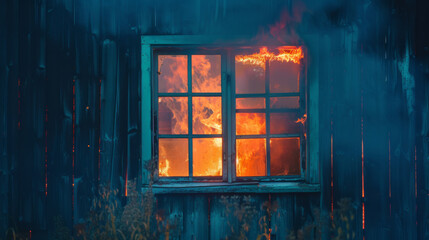 Wall Mural - Windows of the burning house. Fire in the house. Burning building in the flames of fire at night