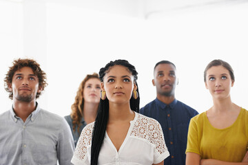 Poster - Business people, face and confidence with teamwork in office for recruitment, onboarding or hiring process at work. Collaboration, professional workers and pride, diversity or creative team on mockup