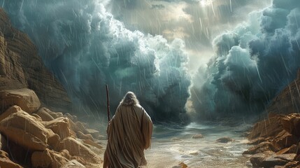 biblical miracle: back view of moses dividing the sea with his stick, giant walls made of water wavi