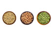set of various cereal grains in wooden bowls isolated on white background.