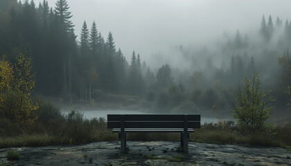 Wall Mural - An empty bench overlooking a misty forest, evoking solitude and reflection - wide format