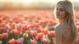 Fototapeta Boho - woman in the fields among the tulip fields