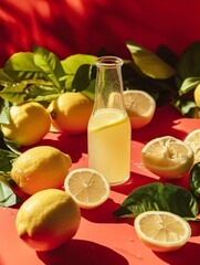 Lemonade ingredients on a scarlet backdrop.