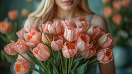 Wall Mural - woman in the fields among the tulip fields