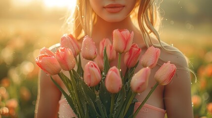 Wall Mural - woman in the fields among the tulip fields