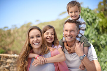 Sticker - Parents, children and portrait with smile for travel together or vacation bonding in summer or family, sunshine or relax. Mother, daughter and siblings on shoulders in Florida or garden, park or love