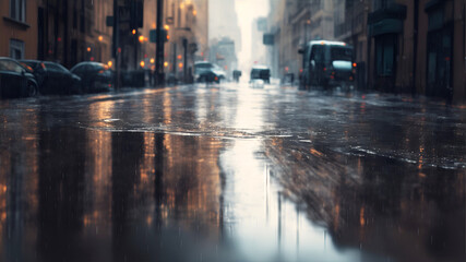 A rainy day in the city in summer. The texture of powerful drops and splashes of water. A puddle with ripples on the road