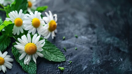 Wall Mural - chamomile flower and green leaves, generative ai