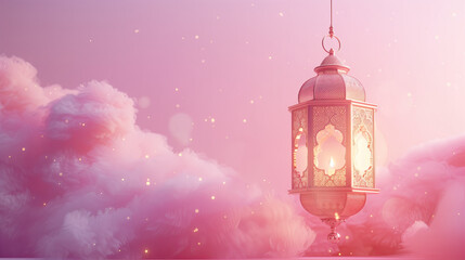 3d pink ramadan lantern with cloud on pink background. islamic cartoon. ramadan kareem holiday celebration concept