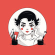 Vector illustration of a young woman applying make-up with cosmetics.