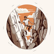Man climbing on a rocky wall. Vector illustration in retro style.