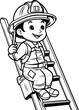 Fireman on ladder - Black and White Cartoon Illustration. Vector