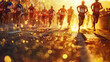 Athletes running in the bright rays of the sun. A mass race.