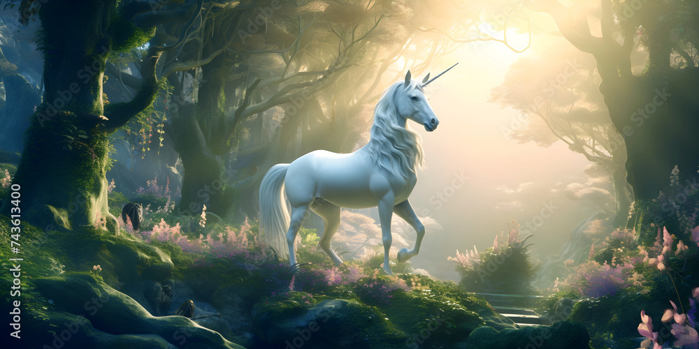 Beautiful majestic Unicorn in the magical misty forest - the unicorn is ...