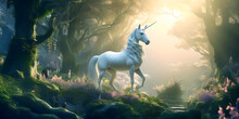 Beautiful Majestic Unicorn In The Magical Misty Forest - The Unicorn Is An Illusive Mystical Creature, It Will Only Show Itself To Those Who Resonate With The Purest Intention
