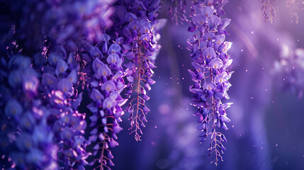 Wall Mural - Wisteria in a cascading display, employing cinematic framing to showcase the abundance of lavender-colored blooms