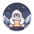 Vector illustration of a cute cartoon bear sitting near the campfire in the mountains.